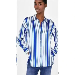 Zara Blue & White Stripe Satin Long Sleeve Classic Button-Down Shirt Size XS